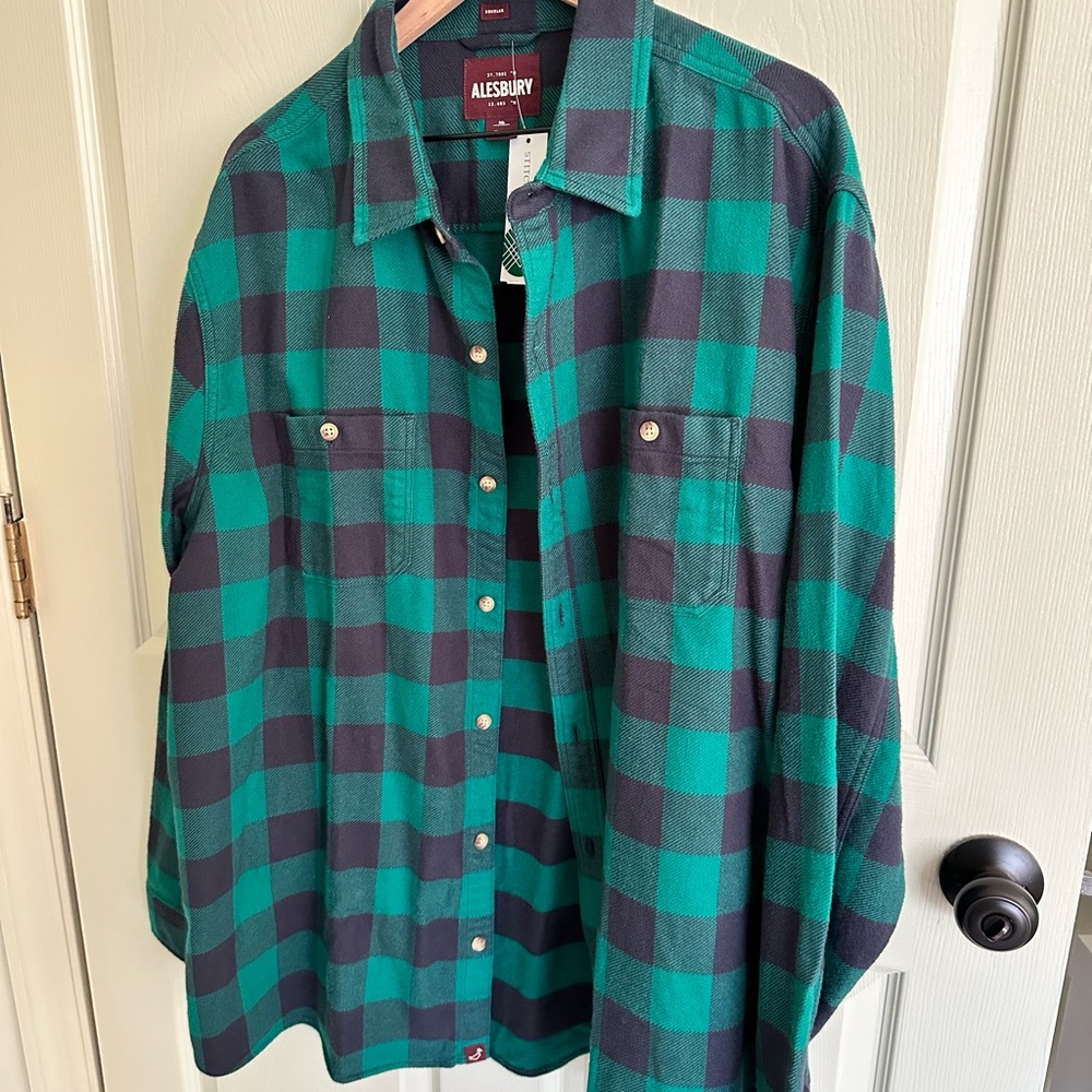 Alesbury Green and Navy Buffalo Check Plaid Men's Shirt XXL NWT
